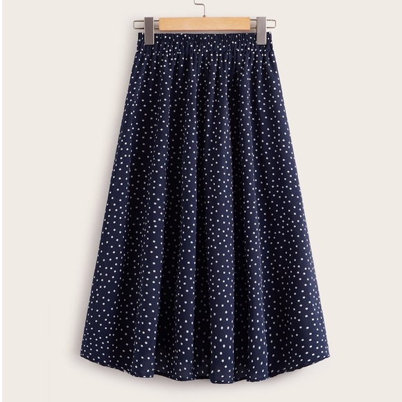 A-Line Navy Polka Dot Drawstring Midi Skirt - Picture 2 of 7